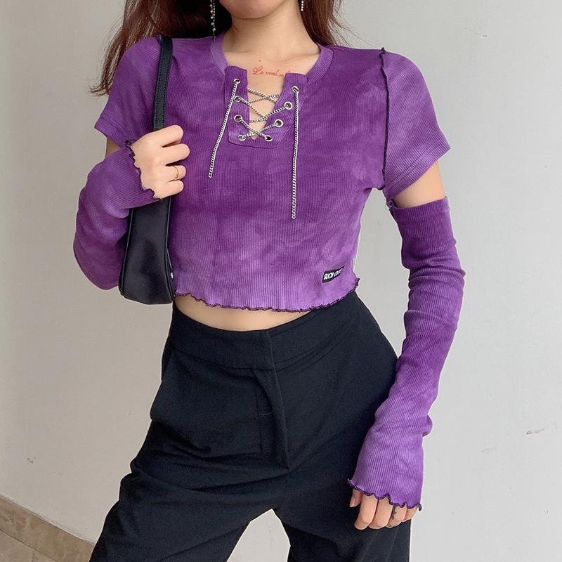 Tie Dye Print Chain Lace Up Ribbed Crop Top