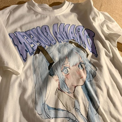 White Anime Girl Drama Queen Letter Print Loose T-shirt