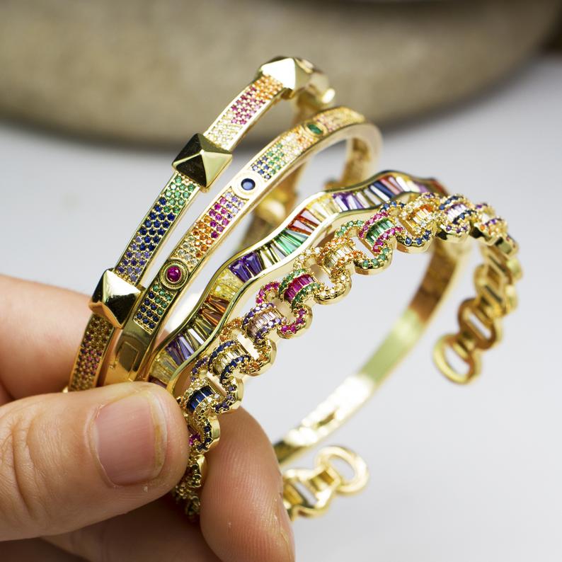 HAMSA HAND bangle bracelet with colorful CZ micro pave STONES