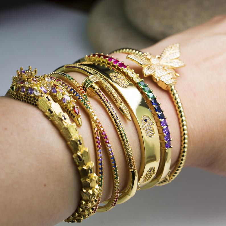 HAMSA HAND bangle bracelet with colorful CZ micro pave STONES