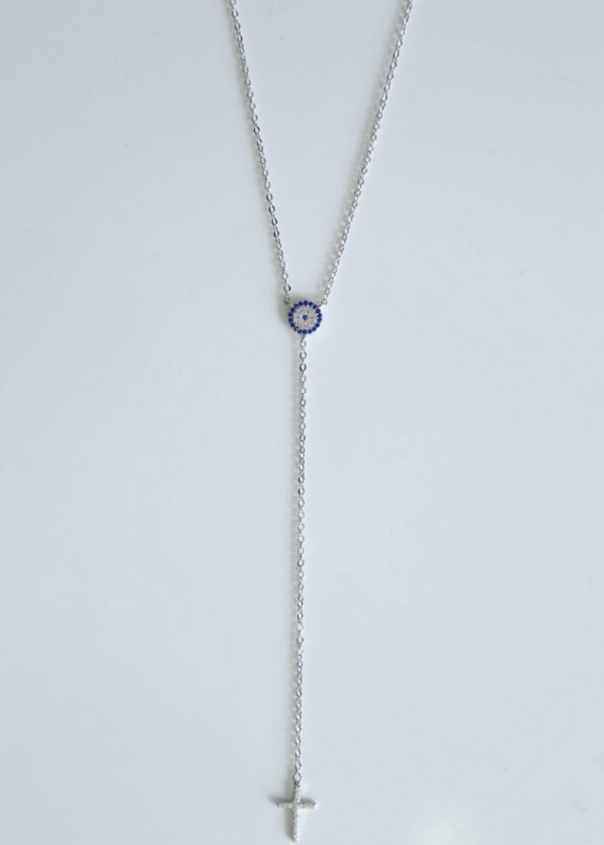 925 SILVER Evil Eye & Cross Lariat Necklace