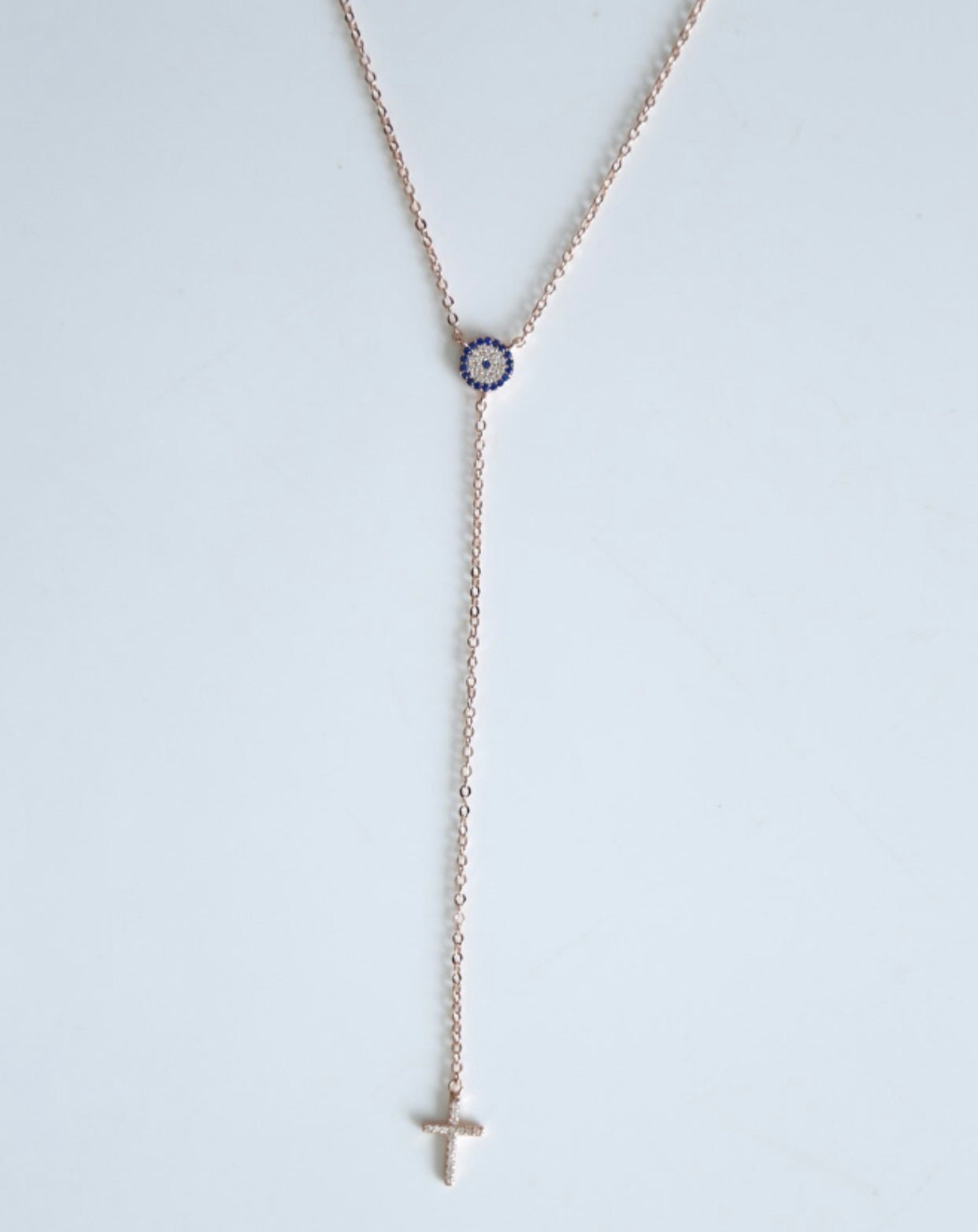 925 SILVER Evil Eye & Cross Lariat Necklace