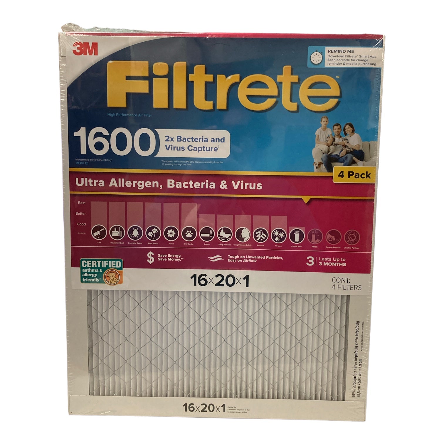 Filtrete 1600 MPR Ultra Allergen 2X Bacteria & Virus Filter, 16x20x1, 4 Pack