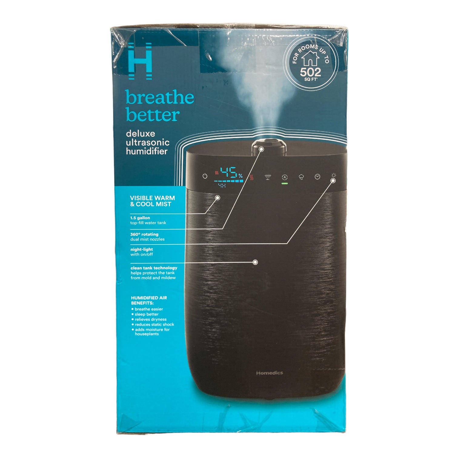 Homedics Deluxe Ultrasonic Humidifier, 1.50 Gallon Tank, 70HR Run Time, WMTF342