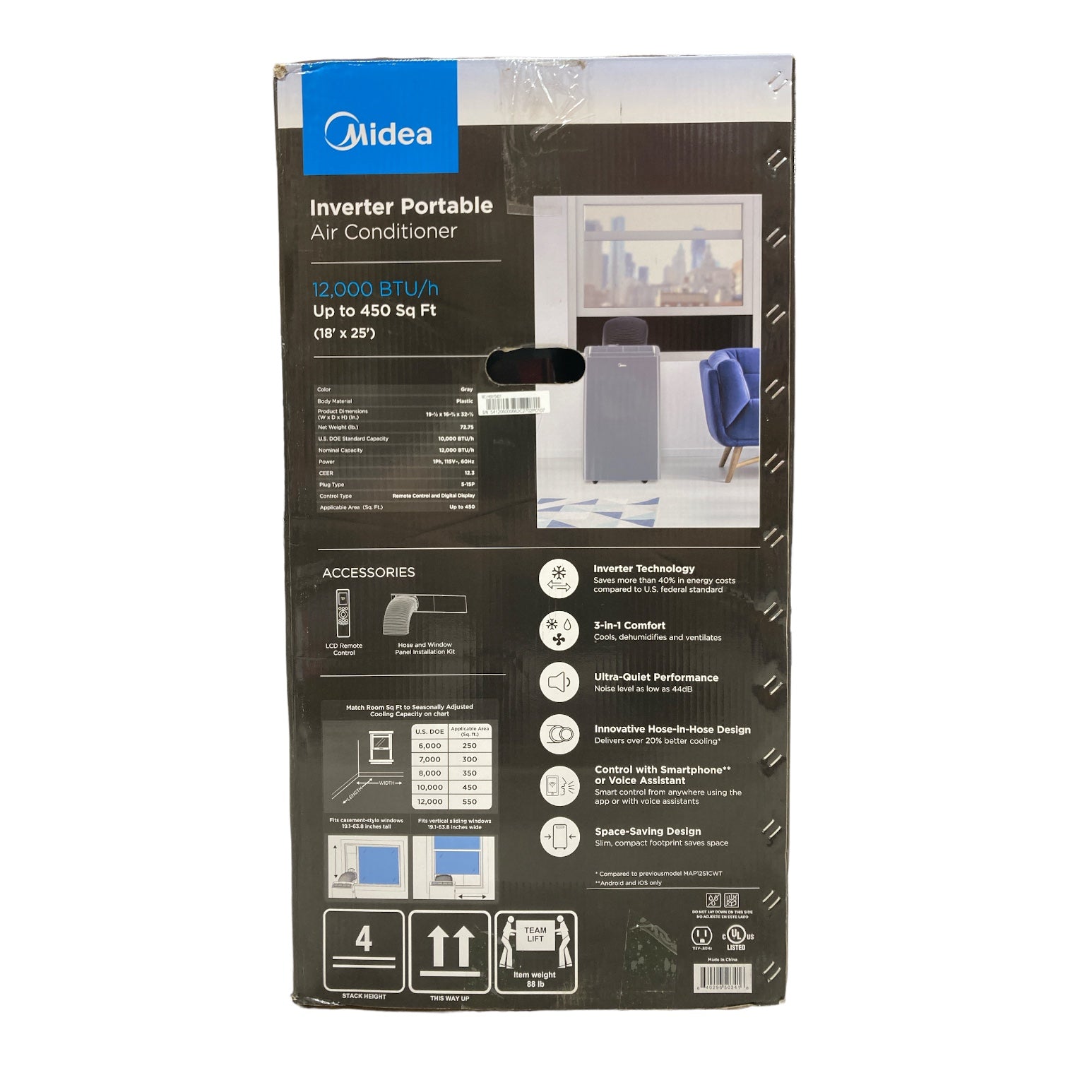Midea 3-in-1 Ultra Quiet Inverter Portable Air Conditioner, 10,000BTU, Black