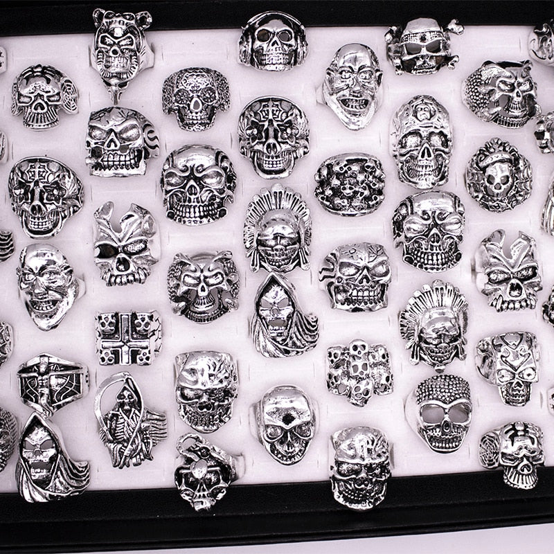 12 Pieces Mix Big Skull Rings Jewelry Fashion Silver Color Black Gun Plated Statement Punk Big