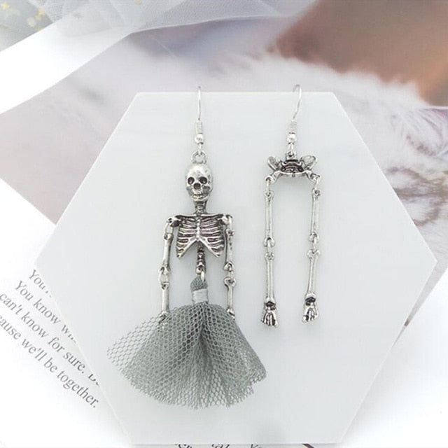 Retro Exaggeration Skeleton Gauze Skirt Metal Dangle Earrings