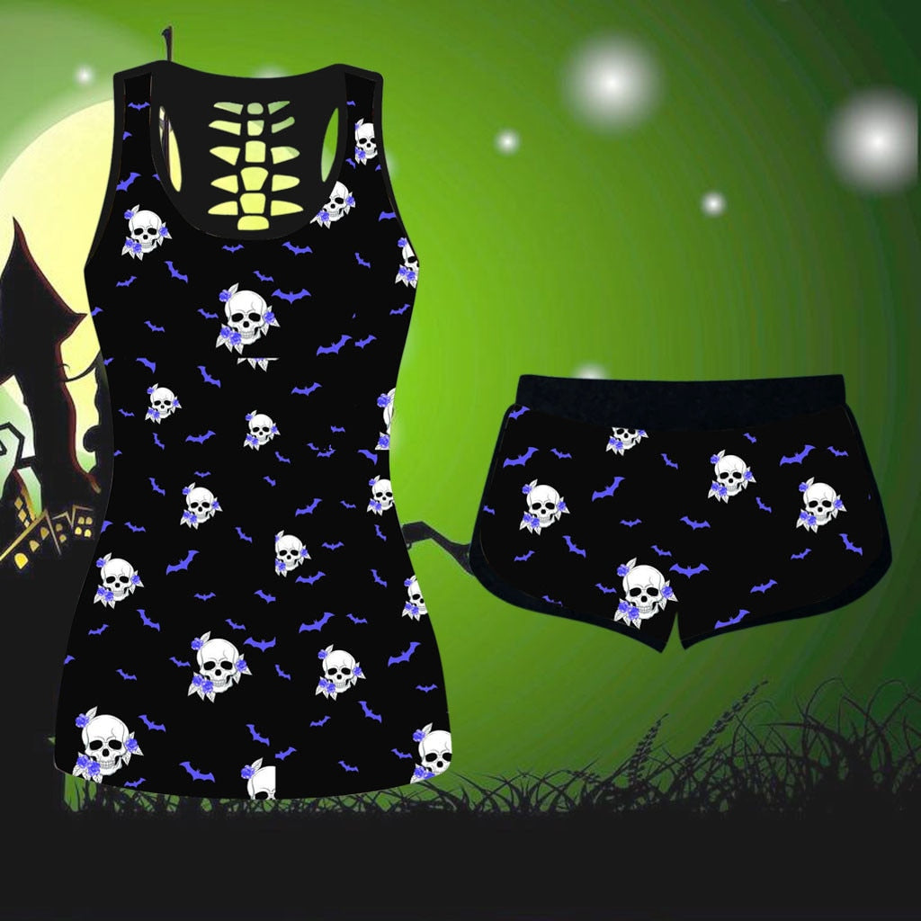 Halloween Suit Flower Skull Sleeveless Gothic Shirts and Shorts