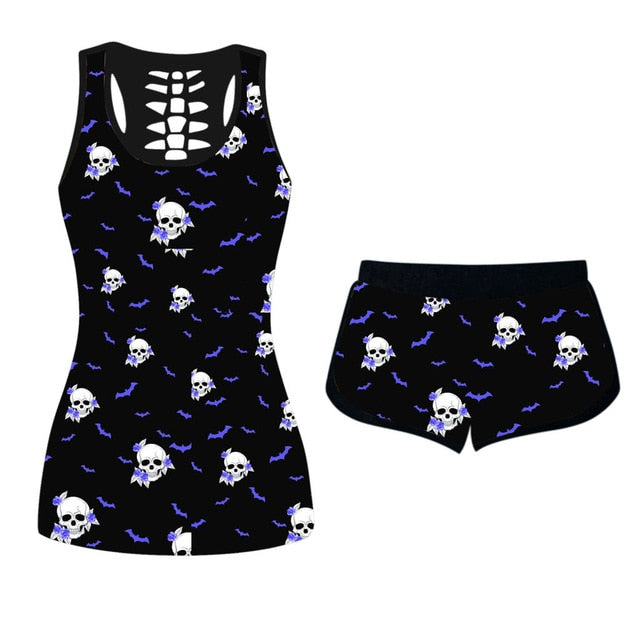 Halloween Suit Flower Skull Sleeveless Gothic Shirts and Shorts