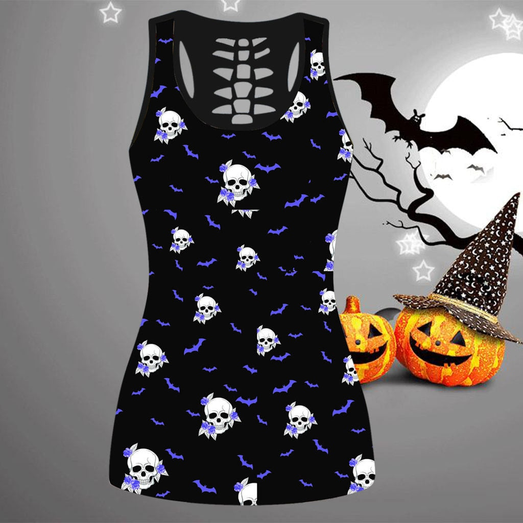 Halloween Suit Flower Skull Sleeveless Gothic Shirts and Shorts