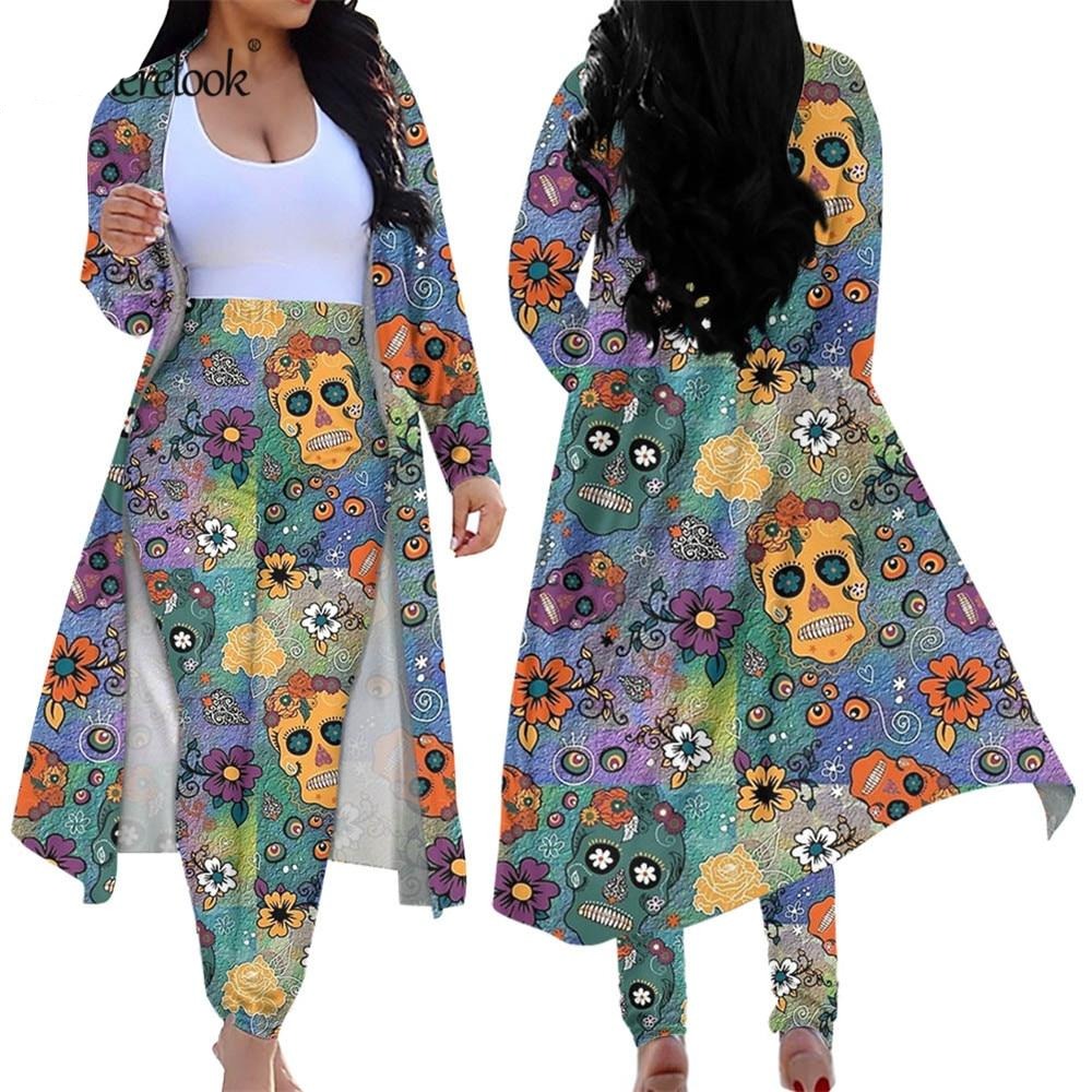 2 Piece Outfits Sugar Skull Cardigan High Waist Tight Suit Pants Two-piece