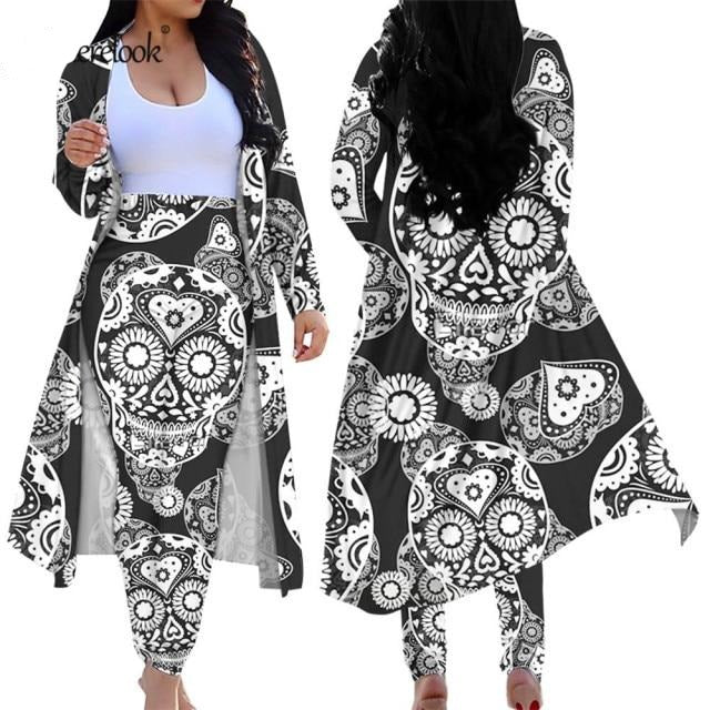 2 Piece Outfits Sugar Skull Cardigan High Waist Tight Suit Pants Two-piece