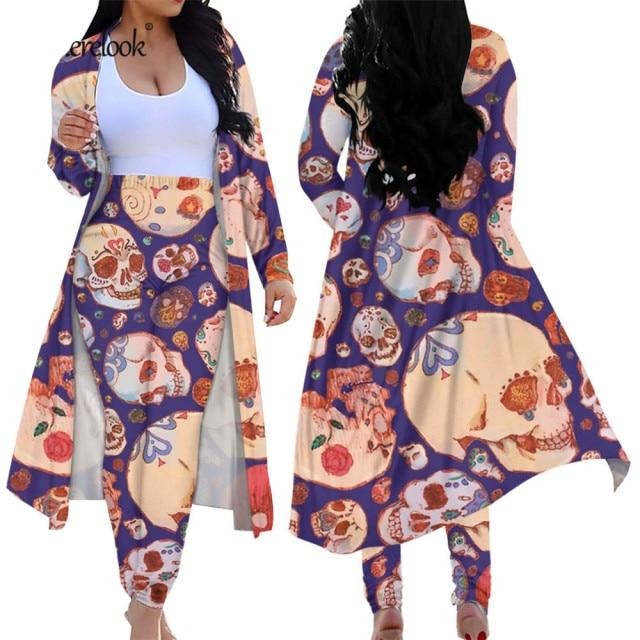 2 Piece Outfits Sugar Skull Cardigan High Waist Tight Suit Pants Two-piece