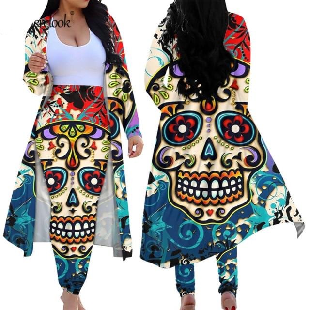 2 Piece Outfits Sugar Skull Cardigan High Waist Tight Suit Pants Two-piece