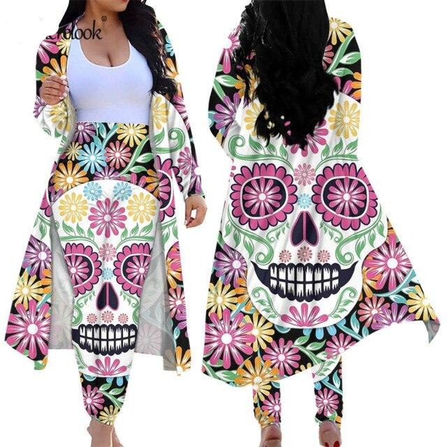 2 Piece Outfits Sugar Skull Cardigan High Waist Tight Suit Pants Two-piece