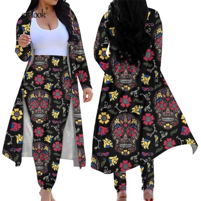 2 Piece Outfits Sugar Skull Cardigan High Waist Tight Suit Pants Two-piece