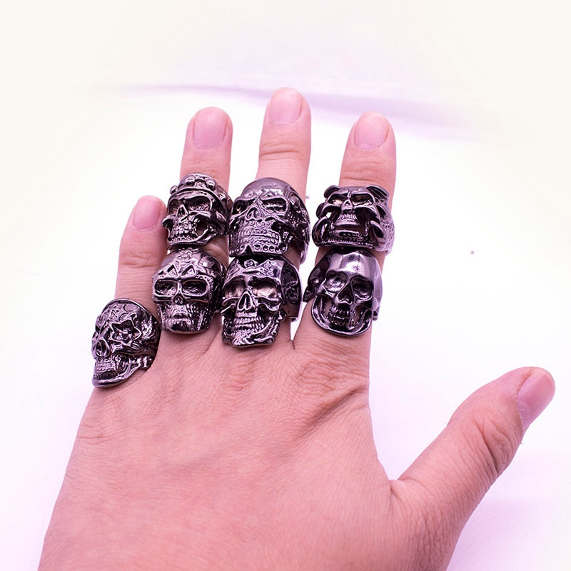 12 Pieces Mix Big Skull Rings Jewelry Fashion Silver Color Black Gun Plated Statement Punk Big