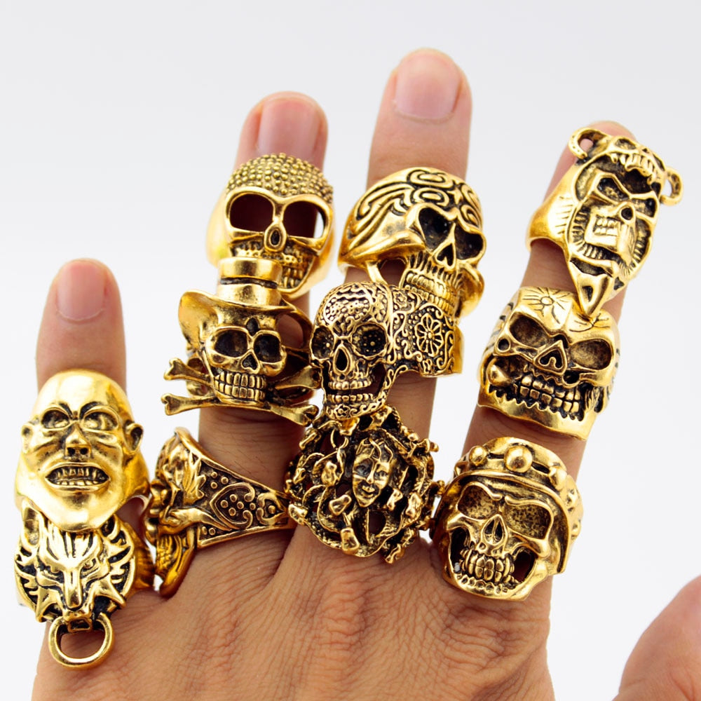 12 Pieces Mix Big Skull Rings Jewelry Fashion Silver Color Black Gun Plated Statement Punk Big