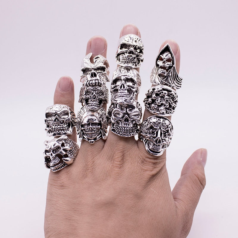 12 Pieces Mix Big Skull Rings Jewelry Fashion Silver Color Black Gun Plated Statement Punk Big