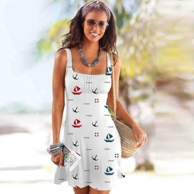 Printed Sleeveless Vest One Neck Cute Dress Fashion Sexy Slim Casual Comfortable Ladies Beach printed dress