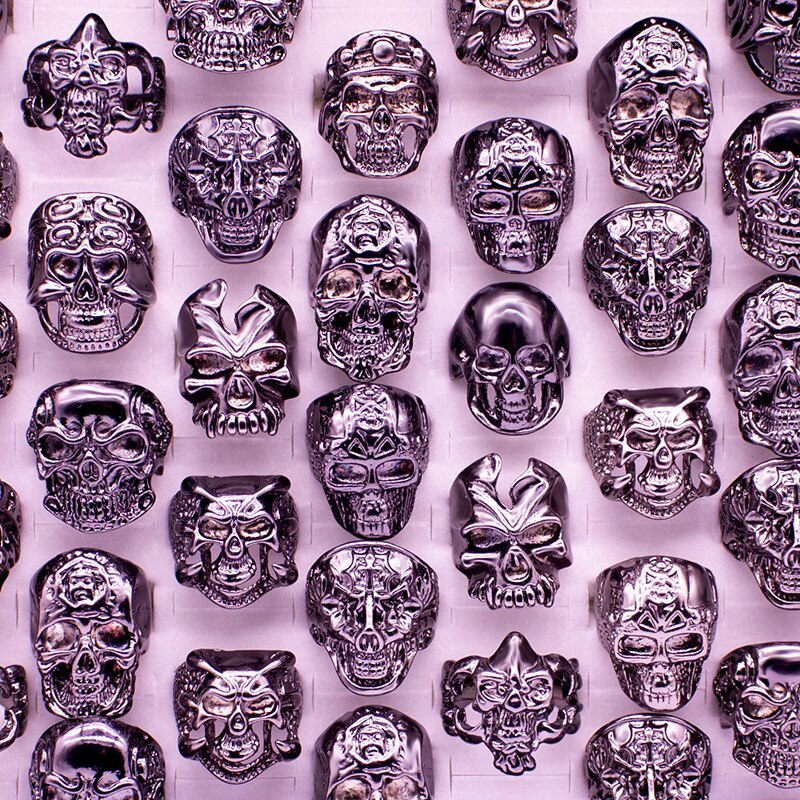 12 Pieces Mix Big Skull Rings Jewelry Fashion Silver Color Black Gun Plated Statement Punk Big