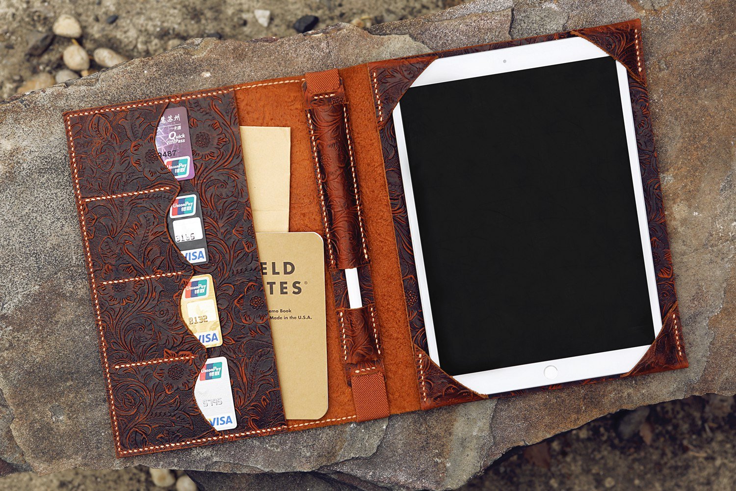 Personalized embossed leather iPad case with pencil holder