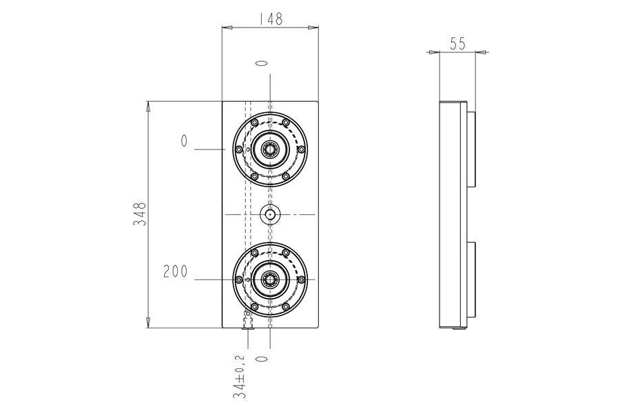 System 3R C264470, Base plate 2-fold HSP, 200 mm, with bores