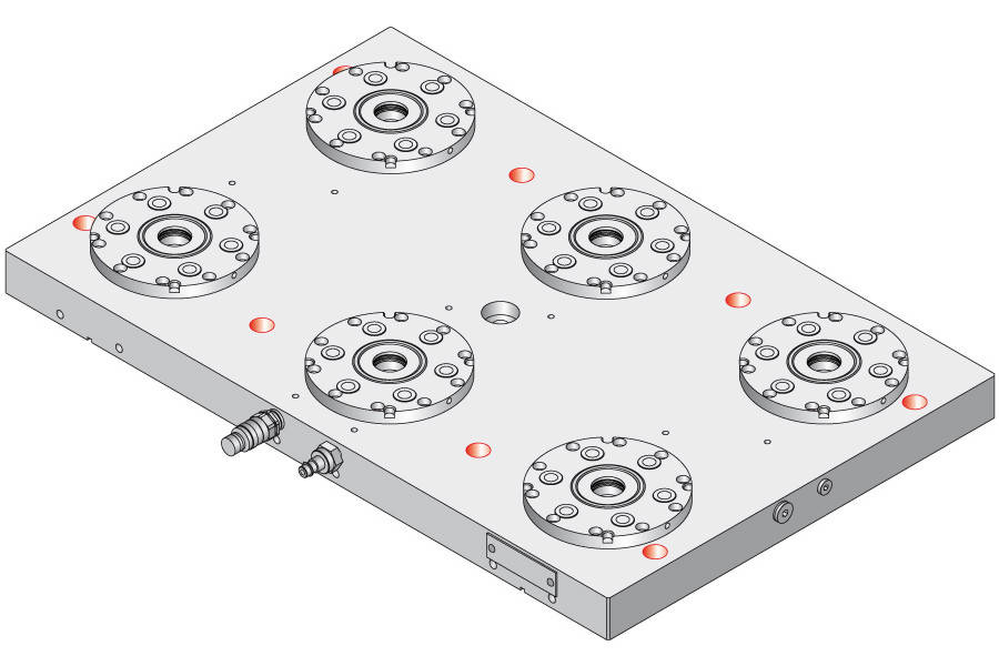 System 3R C284590, Base plate 6-fold HHP, 200 mm, with bores, indexing with indexing option