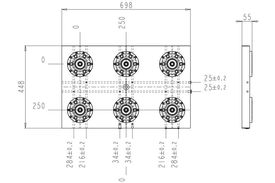 System 3R C284550, Base plate 6-fold HHP, 250 mm, with bores