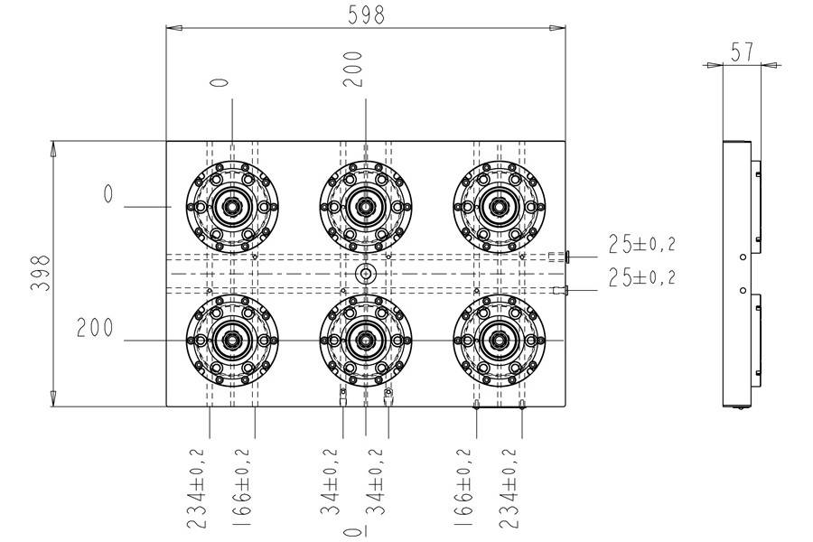 System 3R C294590, Base plate 6-fold PHP, 200 mm, with bores, indexing with indexing option