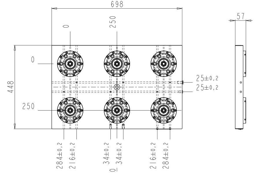 System 3R C294580, Base plate 6-fold PHP, 250 mm, with bores, indexing with indexing option