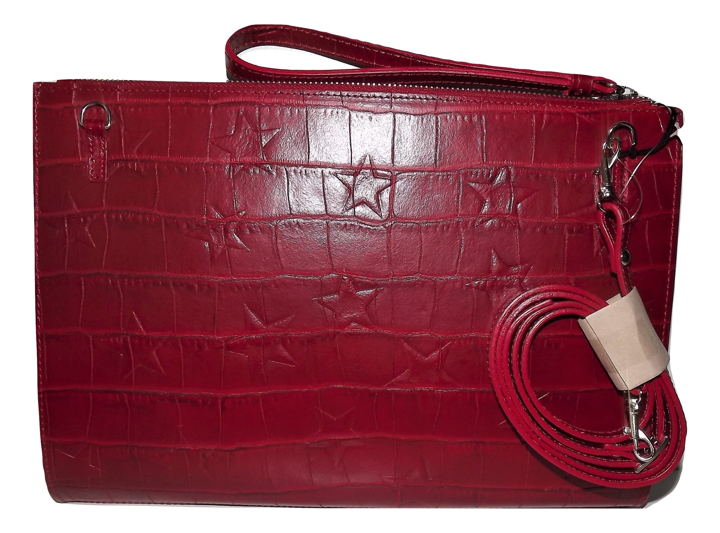 Claudia Italian Leather Croc Embossed Large Convertible Wristlet Crossbody Bag Red