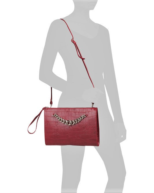 Claudia Italian Leather Croc Embossed Large Convertible Wristlet Crossbody Bag Red