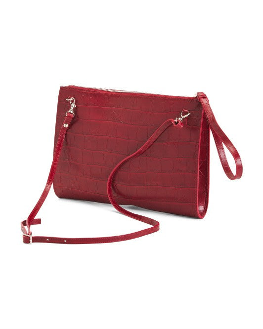 Claudia Italian Leather Croc Embossed Large Convertible Wristlet Crossbody Bag Red