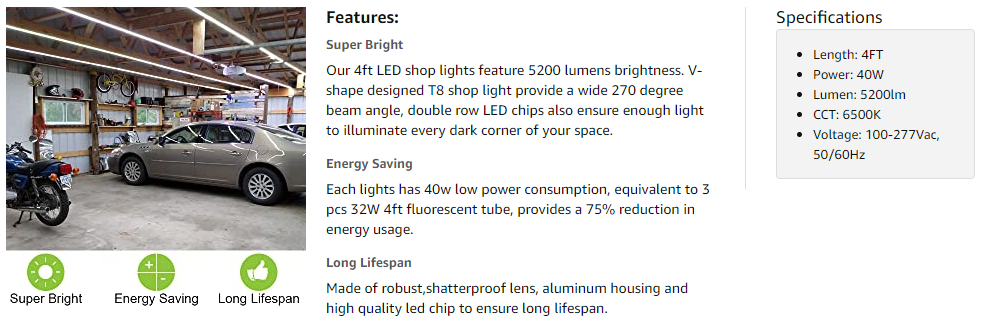 V Shape Integrated 4FT T8 LED Shop Light, 40W, 6500K, Built-in ON