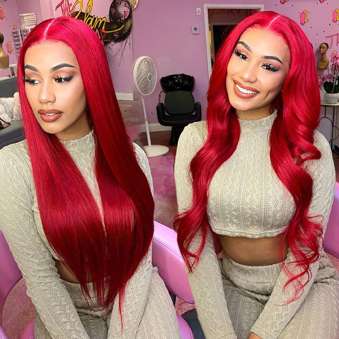 VRBest Red Straight Hair Colored T-Part Lace Wigs