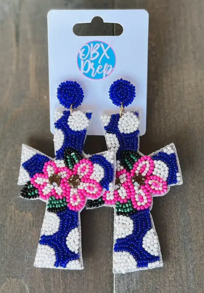 Polka Dot Easter Cross w Flowers Dangle Earrings
