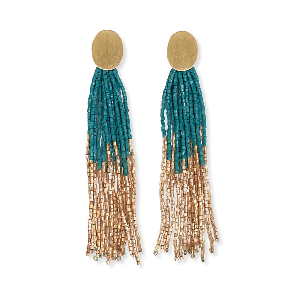 Mae Oval Brass Post 2-Color Beaded Tassel Earrings Teal