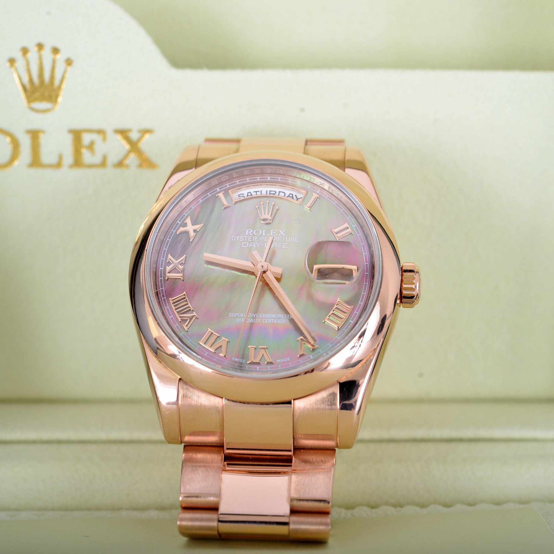 Rolex Day-Date 36mm Everose Gold Black Mother Of Pearl Roman Dial 118205