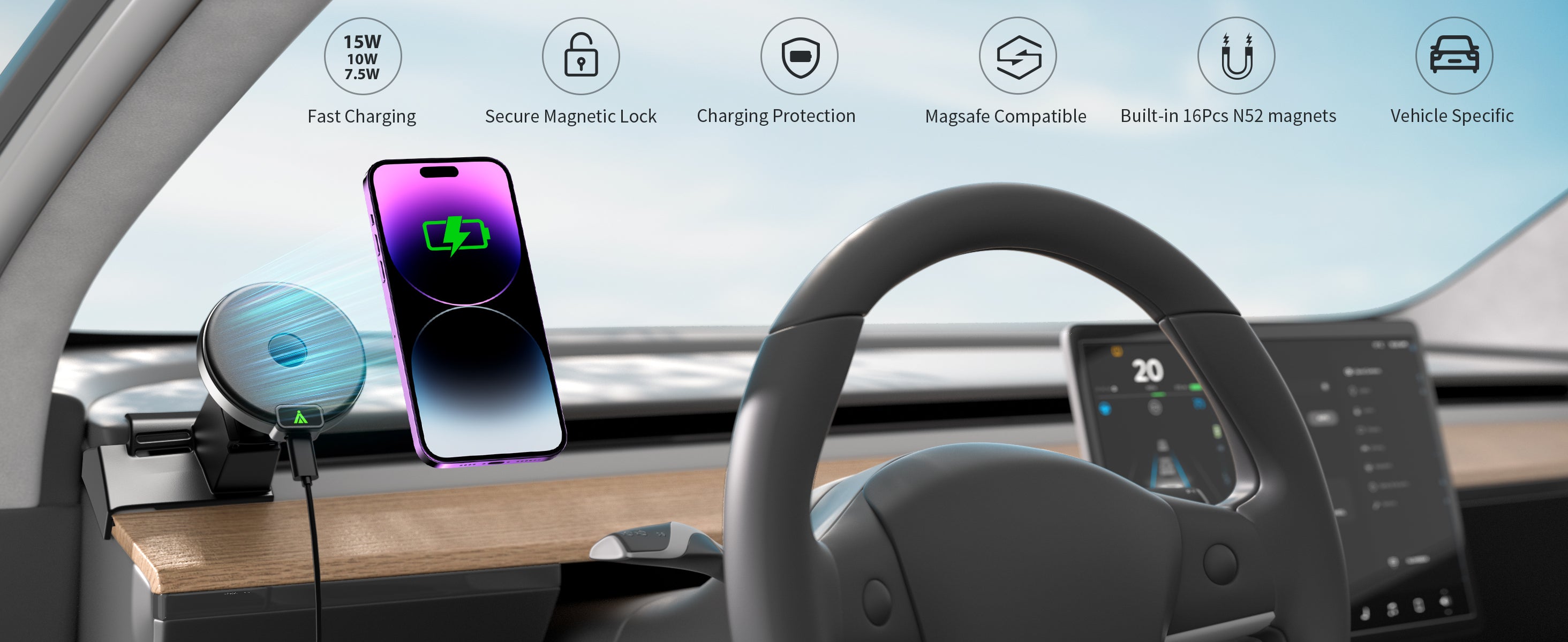 Magnetic Wireless Car Charger for 2021 Tesla Model 3 & Y