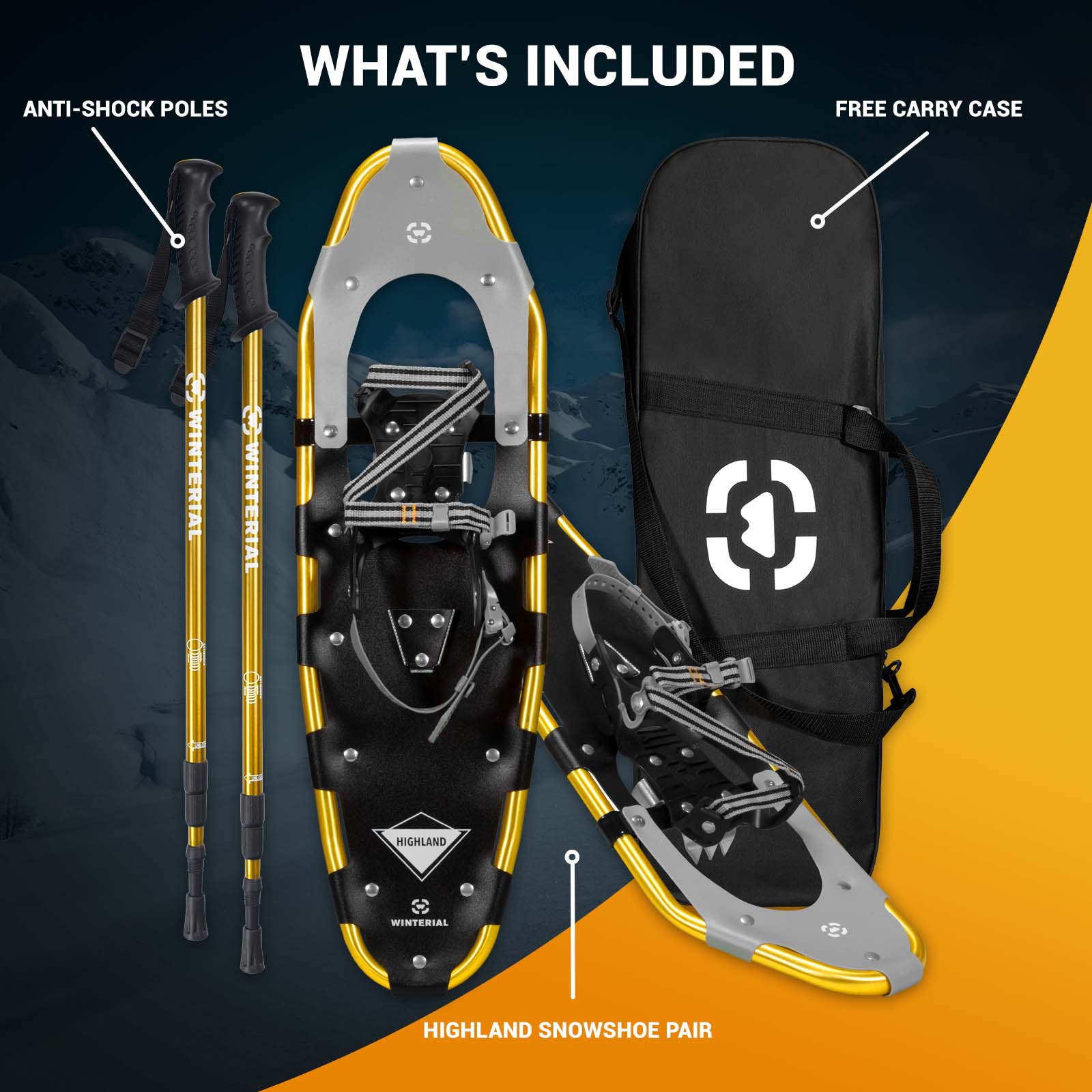 Winterial Highland 30-Inch Snowshoes, Gold, for Rolling Terrain, Includes Poles and Carry Bag