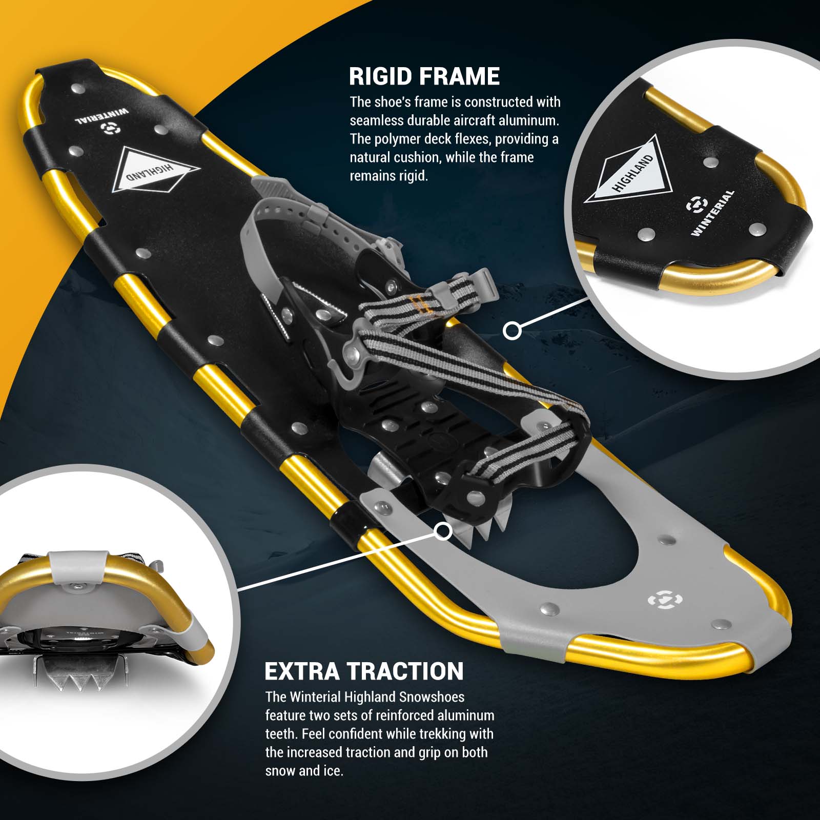 Winterial Highland 30-Inch Snowshoes, Gold, for Rolling Terrain, Includes Poles and Carry Bag