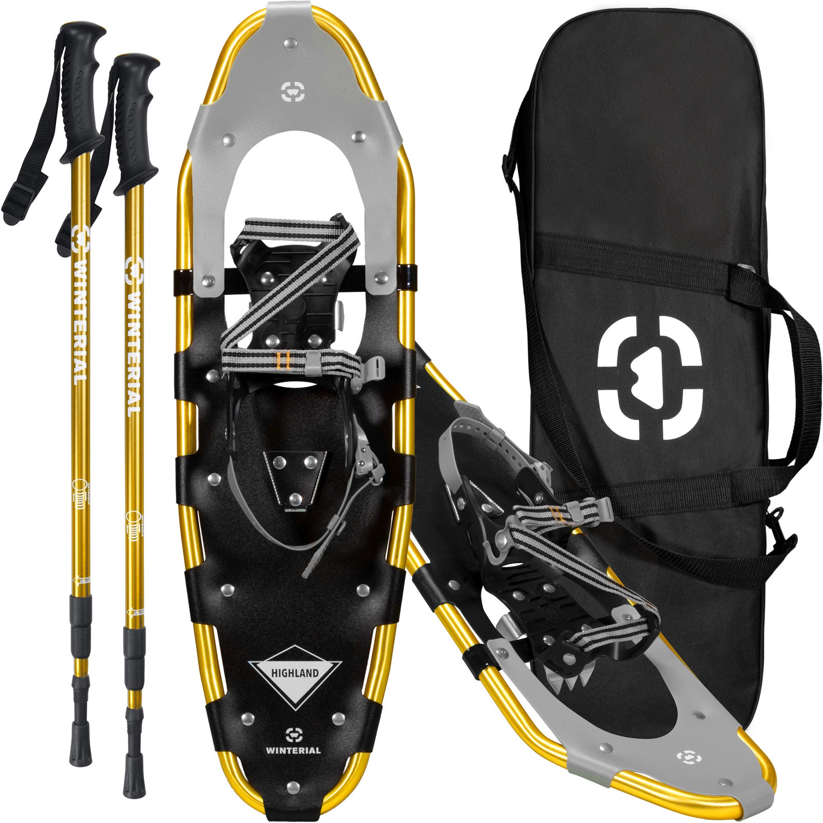 Winterial Highland 30-Inch Snowshoes, Gold, for Rolling Terrain, Includes Poles and Carry Bag