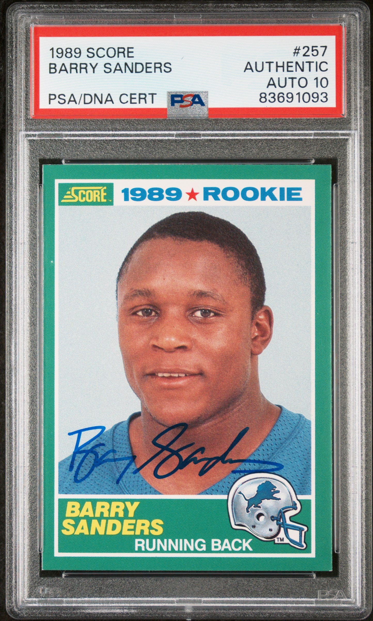 Barry Sanders 1989 Score Signed Football Rookie Card #257 Graded PSA 10 83691093