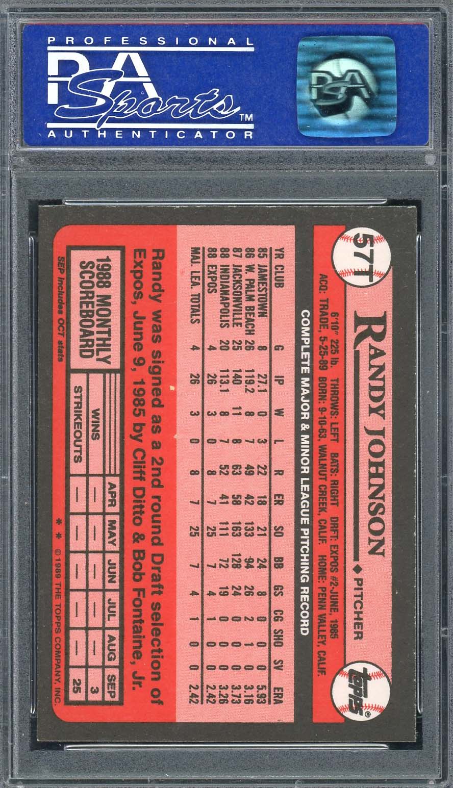 Randy Johnson 1989 Topps Traded Baseball Rookie Card RC #57T Graded PSA 9