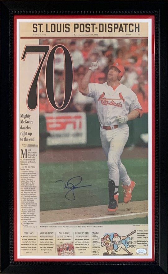 Mark McGwire Autographed St Louis Post-Dispatch 70 Home Run Signed Baseball Framed Original 14x26 Newspaper JSA COA