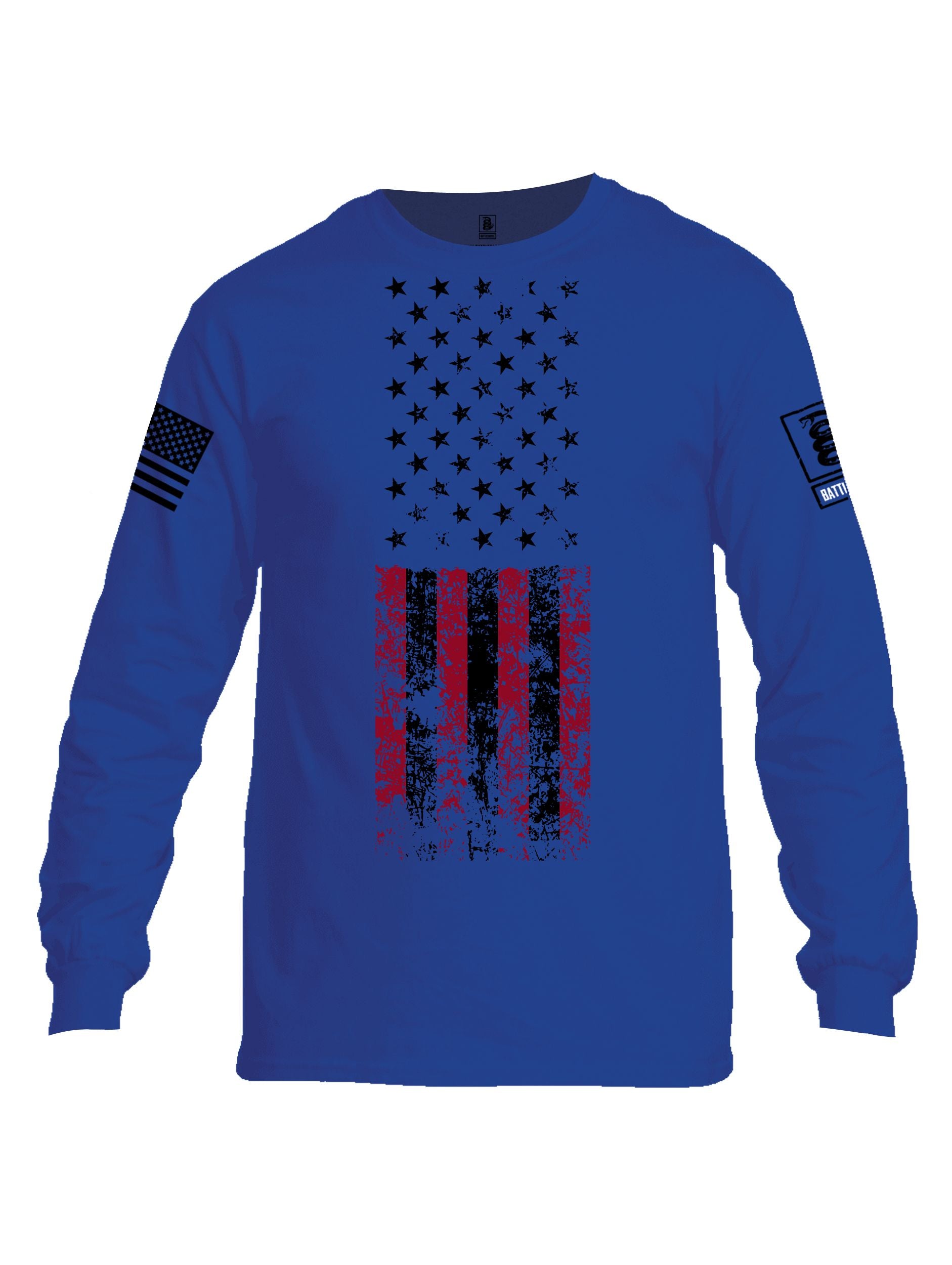 Battleraddle American Flag Grunge Black Sleeves Men Cotton Crew Neck Long Sleeve T Shirt