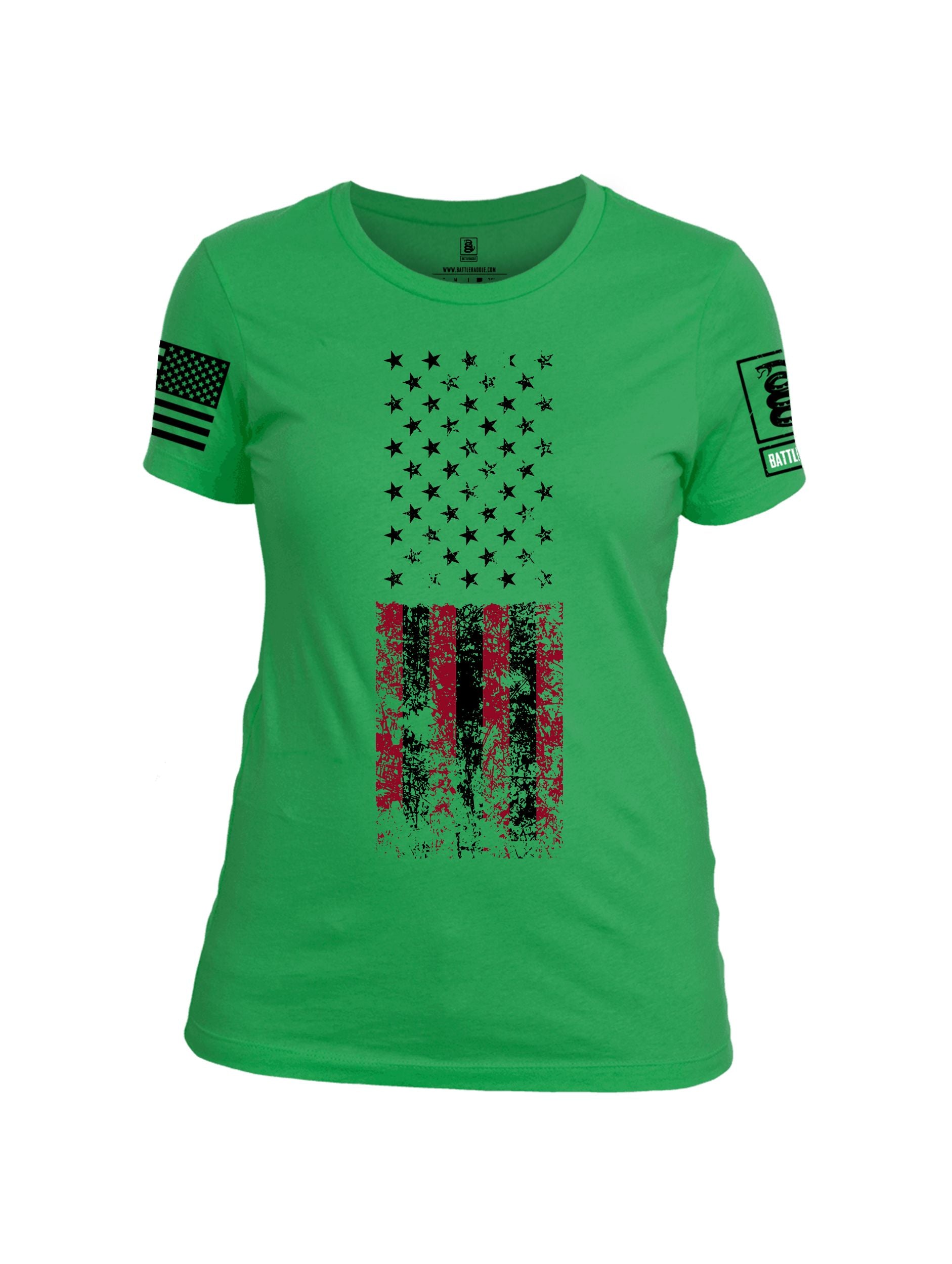 Battleraddle American Flag Grunge Black Sleeves Women Cotton Crew Neck T-Shirt