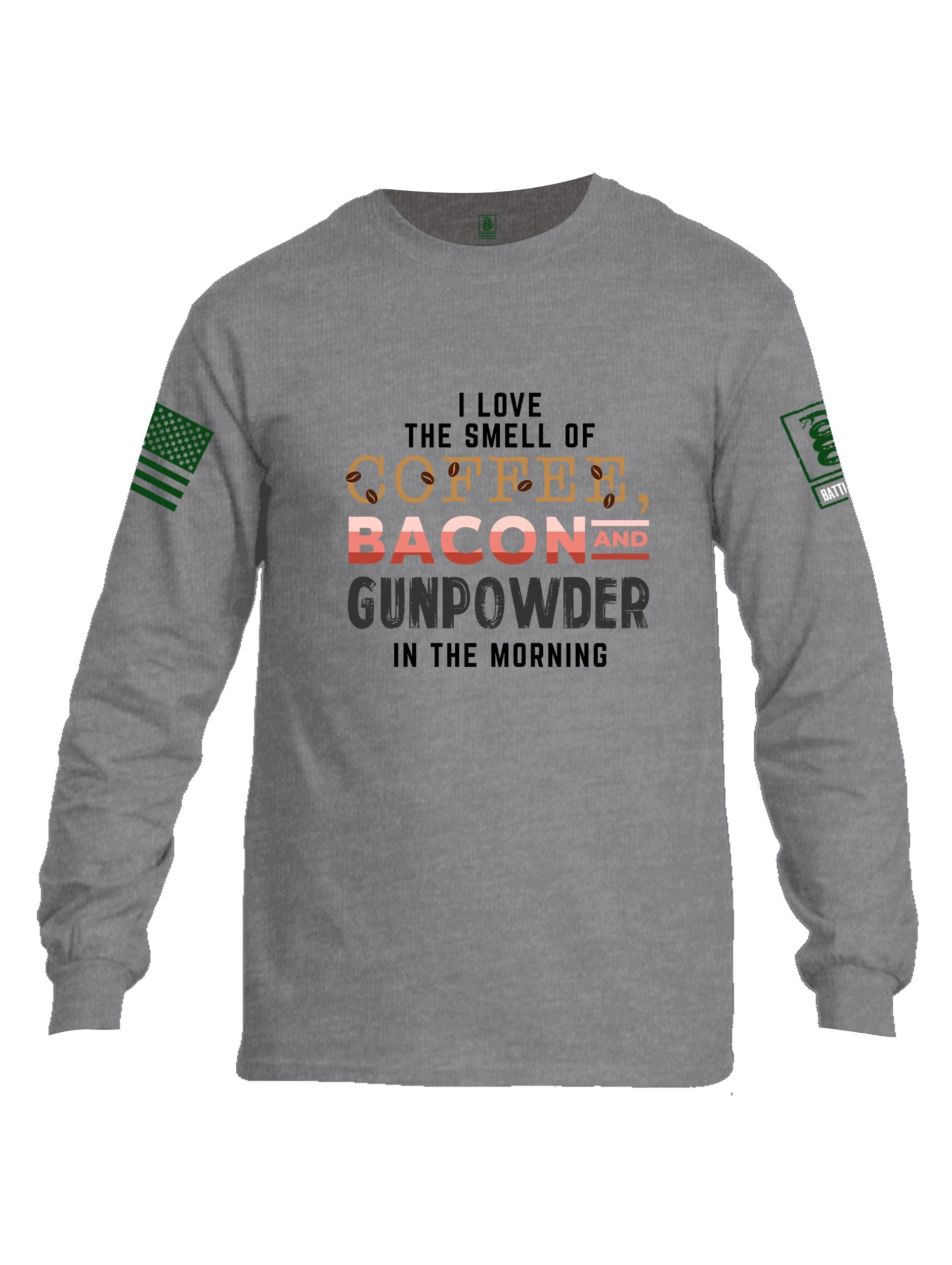 Battleraddle I Love The Smell Of Coffee, Bacon And Gunpowder In The Morning Dark Green Sleeves Men Cotton Crew Neck Long Sleeve T Shirt