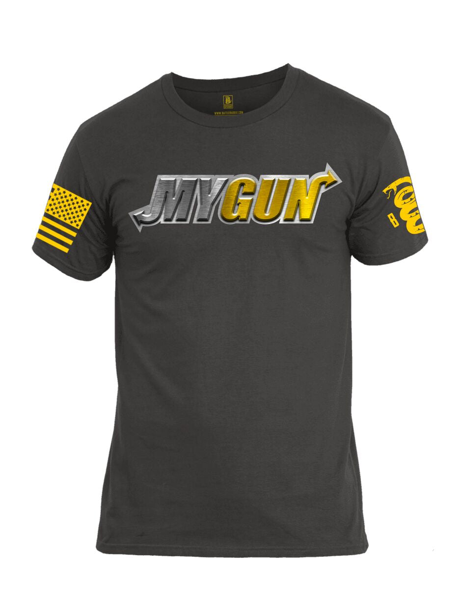 Battleraddle My Gun Yellow Sleeve Print Mens Cotton Crew Neck T Shirt